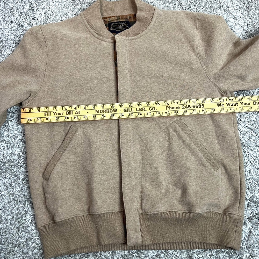 Pendleton Fleece Bomber Jacket Mens Large Wool Plaid Trim Button Front Beige - Picture 6 of 9
